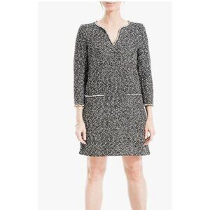 Max Studio Women's V-Neck Tweed Short Dress Black White Fringe Medium